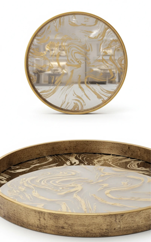 سینی دکوراتیو گرد آینه‌ای شفاف با طرح پتینه طلایی 30 سانت