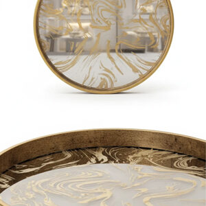 سینی-دکوراتیو-گرد-آینه‌ای-شفاف-با-طرح-پتینه-طلایی