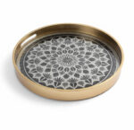 سینی-دکوراتیو-گرد-قاب-طلایی-طرح-هندسی-سیاه-و-سفید