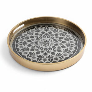سینی-دکوراتیو-گرد-قاب-طلایی-طرح-هندسی-سیاه-و-سفید