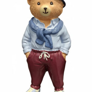 مجسمه-کوچک-خرس-لباس‌دار-با-شلوار-زرشکی-و-کلاه-سرمه‌ای