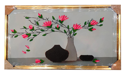 تابلو تکی گل و گلدان با قاب طلایی طرح برجسته کار دست