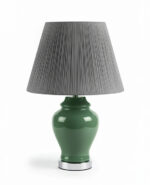 آباژور-رومیزی-سرامیکی-سبز-با-شید-پارچه‌ای-خاکستری-راه‌راه