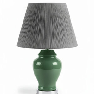 آباژور-رومیزی-سرامیکی-سبز-با-شید-پارچه‌ای-خاکستری-راه‌راه