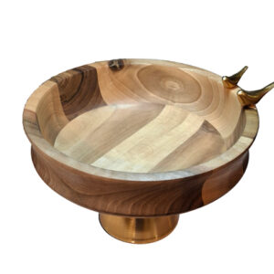 آجیل-خوری-پایه-فلزی-طلایی-و-بدنه-چوبی-روشن-طرح-گنجشک