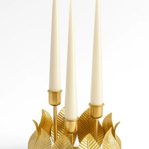 شمعدان-سه-شاخه-فلزی-طرح-برگ-طلایی