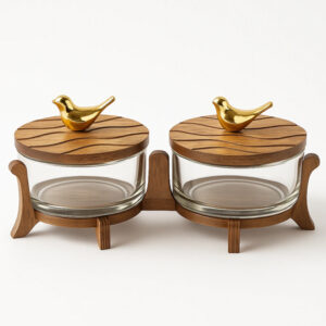 ظرف-پذیرایی-دو-خانه-شیشه‌ای-پایه‌دار-با-درب-چوبی-طرح-گنجشک