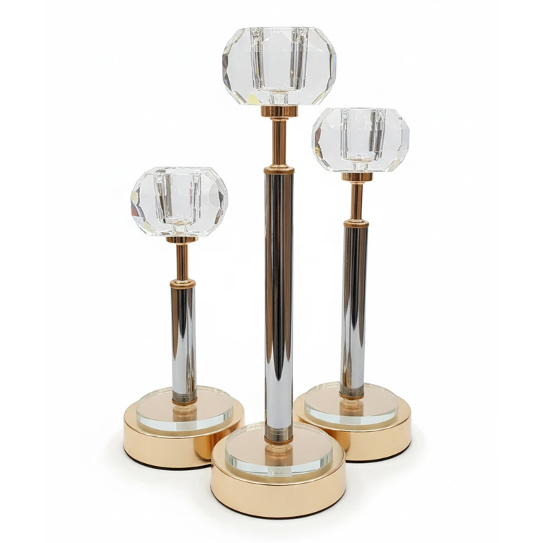 ست سه‌تکه شمعدان وارداتی کریستالی طلایی نقره‌ای مدل آریانا