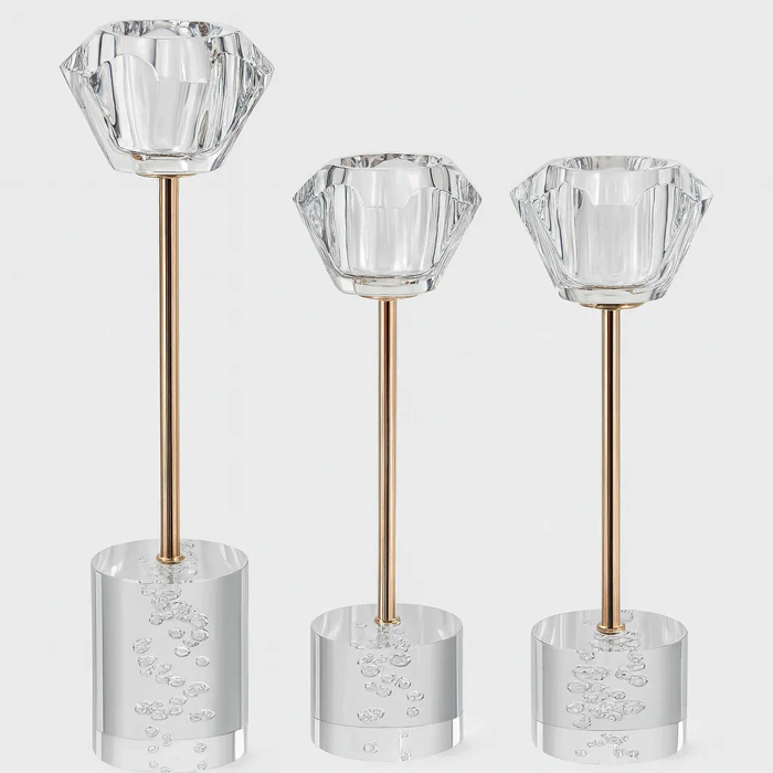 ست سه‌تکه شمعدان وارداتی کریستالی با میله‌ی طلایی و پایه شفاف حباب‌دار