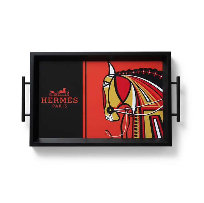 سینی دکوراتیو قاب مشکی اسب هرمس مشکی نارنجی 43 سانتی