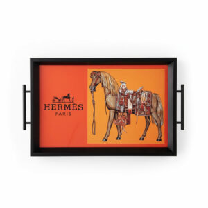 سینی-دکوراتیو-قاب-مشکی-هرمس-اسب-قهوه-ای-نارنجی