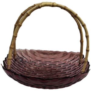 ظرف-پذیرایی-شیشه‌ای-صورتی-سبدی-با-دسته-بامبو