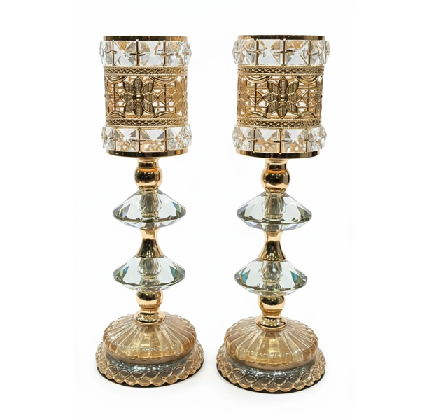 شمعدان دکوری کریستالی پایه‌دار طلایی وارداتی دو تیکه آنست .N