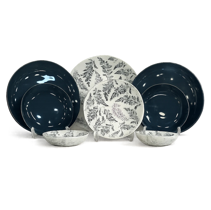 سرویس غذاخوری ۶ نفره دِم‌دستی ۲۵ پارچه آنتی‌شوک طرح برگ سرمه ای