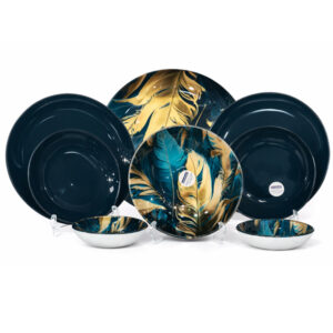 سرویس-غذاخوری-۶-نفره-دِم‌دستی-رنگی-طرح-پر-سبز-یشمی-و-طلایی-25-پارچه