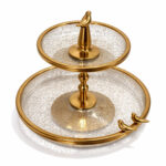 شیرینی-خوری-دو-طبقه-پایه-فلزی-طلایی-با-شیشه-آبگز-طرح-گنجشک