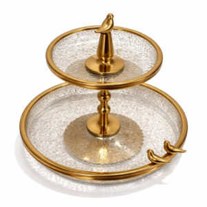 شیرینی-خوری-دو-طبقه-پایه-فلزی-طلایی-با-شیشه-آبگز-طرح-گنجشک