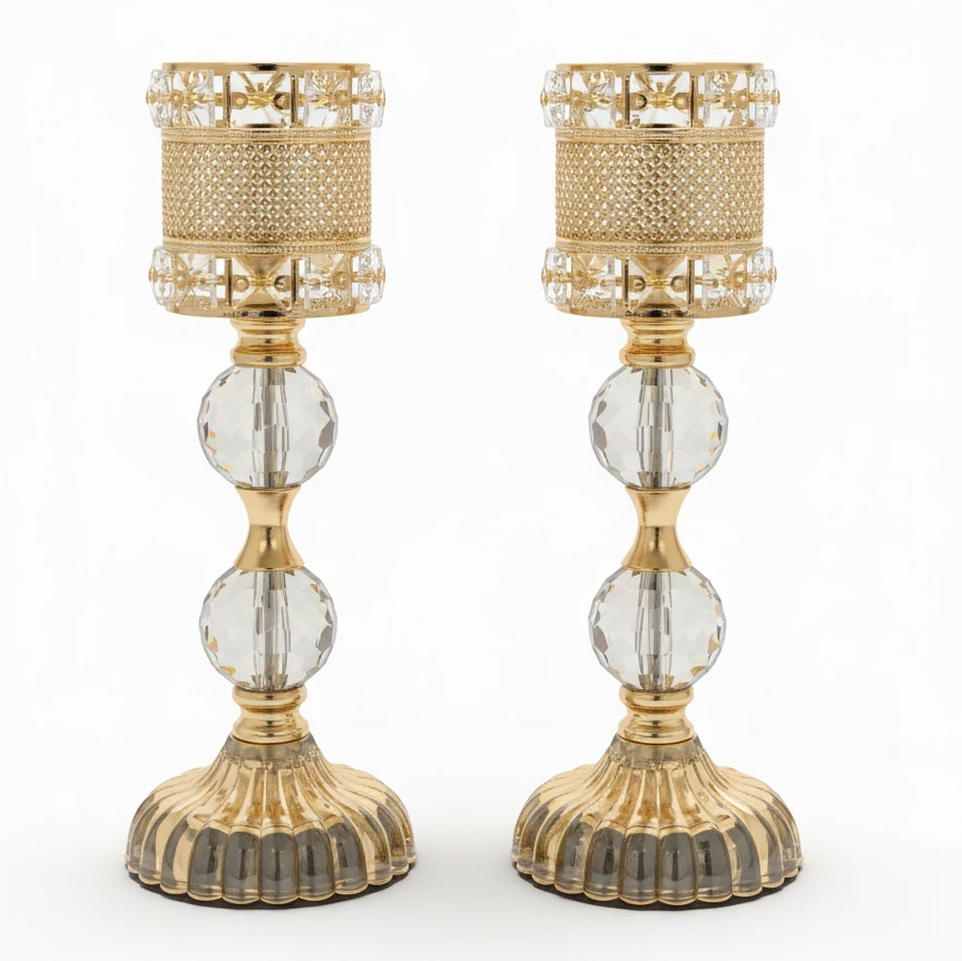 شمعدان دکوری پایه کریستالی طلایی وارداتی دو تیکه مدل آنست .N