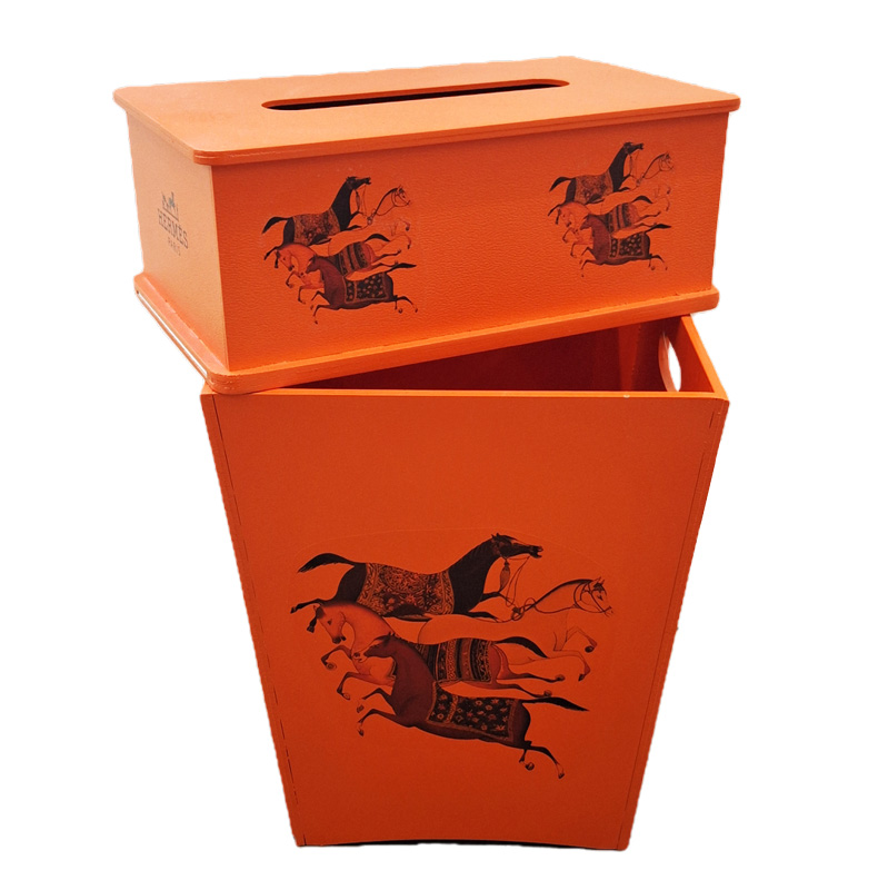 ست-جعبه-دستمال-و-سطل-زباله-نارنجی-دکوری-طرح-اسب-هرمس
