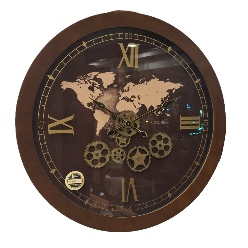 ساعت-دیواری-چرخ‌دنده‌ای-شوبرت-قطر-۷۰-قهوه‌ای-طرح-نقشه-جهان-با-موتور-بی‌صدا