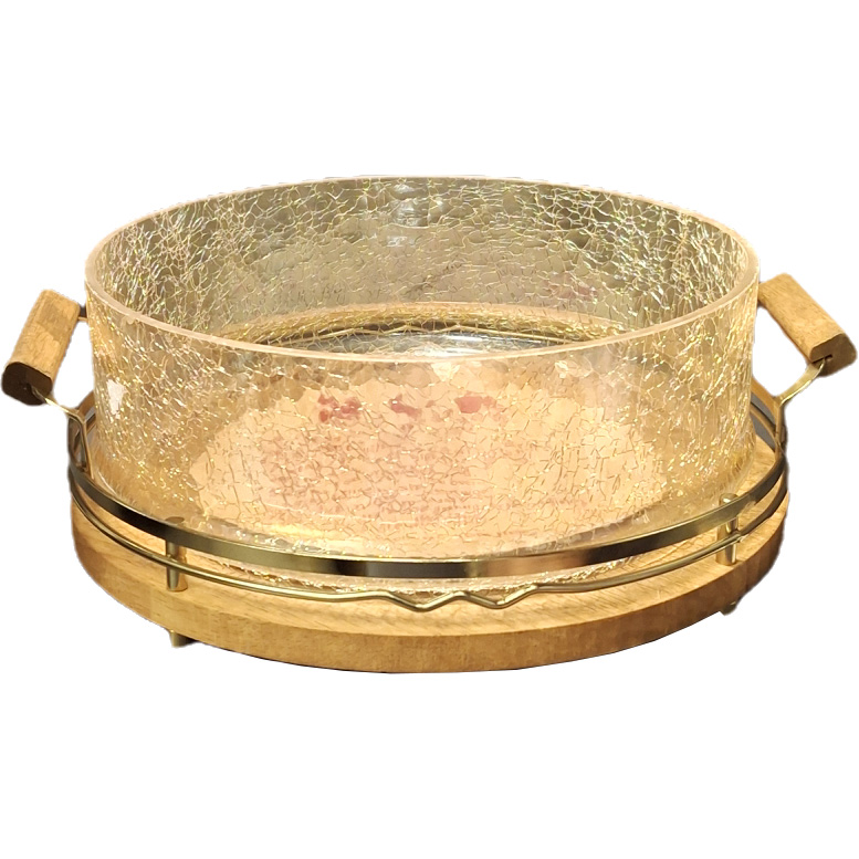 ظرف-پذیرایی-سالاد-خوری-شیشه‌-ترک-با-پایه-چوبی-و-حاشیه-طلایی